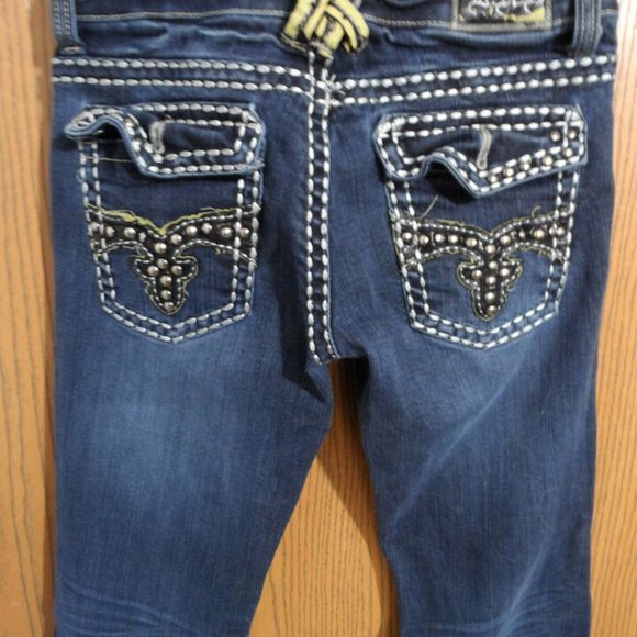 LA IDOL Jeans Sz 1 28x31 Flap pocket Bling Dark wash denim Designer Jr. pants - Picture 8 of 10